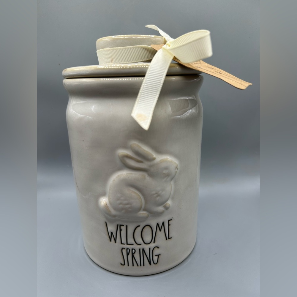Rae Dunn WELCOME SPRING Canister With Bunny Rabbit Farmhouse NEW